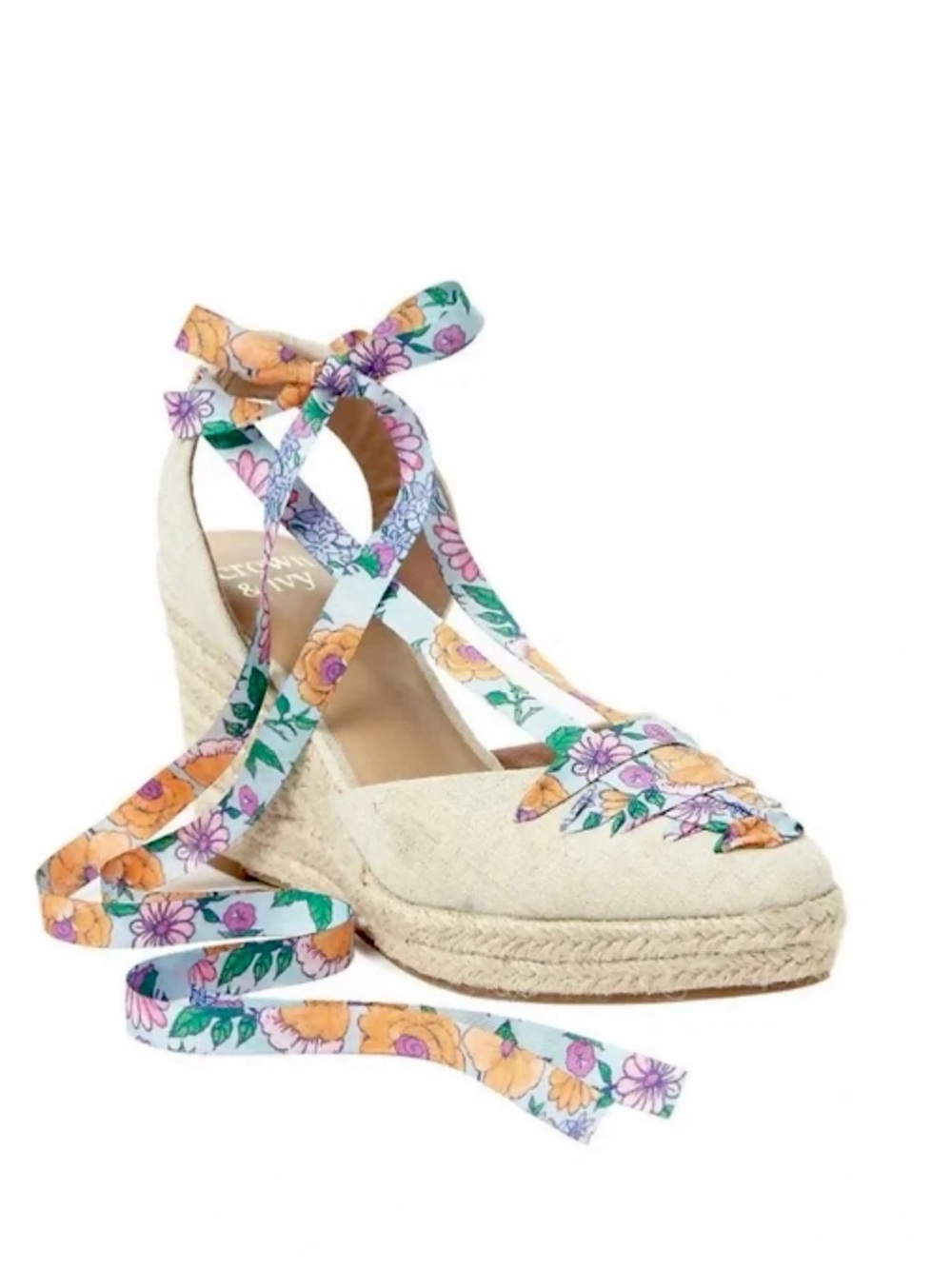 CROWN&IVY Floral Tie Espadrille Wedge - CREAM SIZE 7.5
